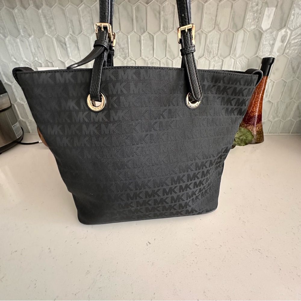 Michael Kors Black Logo Canvas Tote Bag Pebbled Leather Trim Gold - Picture 3 of 9